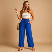 Dames loungebroek met hoge taille, rechte pijpen en soepele stof, perfect voor thuis, ontspanning of casual outfits.