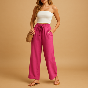 Dames loungebroek met hoge taille, rechte pijpen en soepele stof, perfect voor thuis, ontspanning of casual outfits.