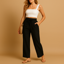 Dames loungebroek met hoge taille, rechte pijpen en soepele stof, perfect voor thuis, ontspanning of casual outfits.