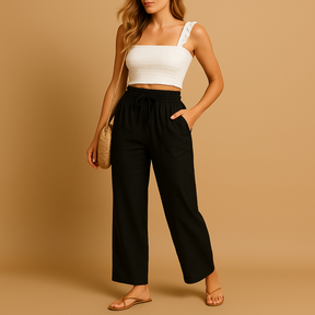 Dames loungebroek met hoge taille, rechte pijpen en soepele stof, perfect voor thuis, ontspanning of casual outfits.