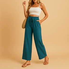 Dames loungebroek met hoge taille, rechte pijpen en soepele stof, perfect voor thuis, ontspanning of casual outfits.