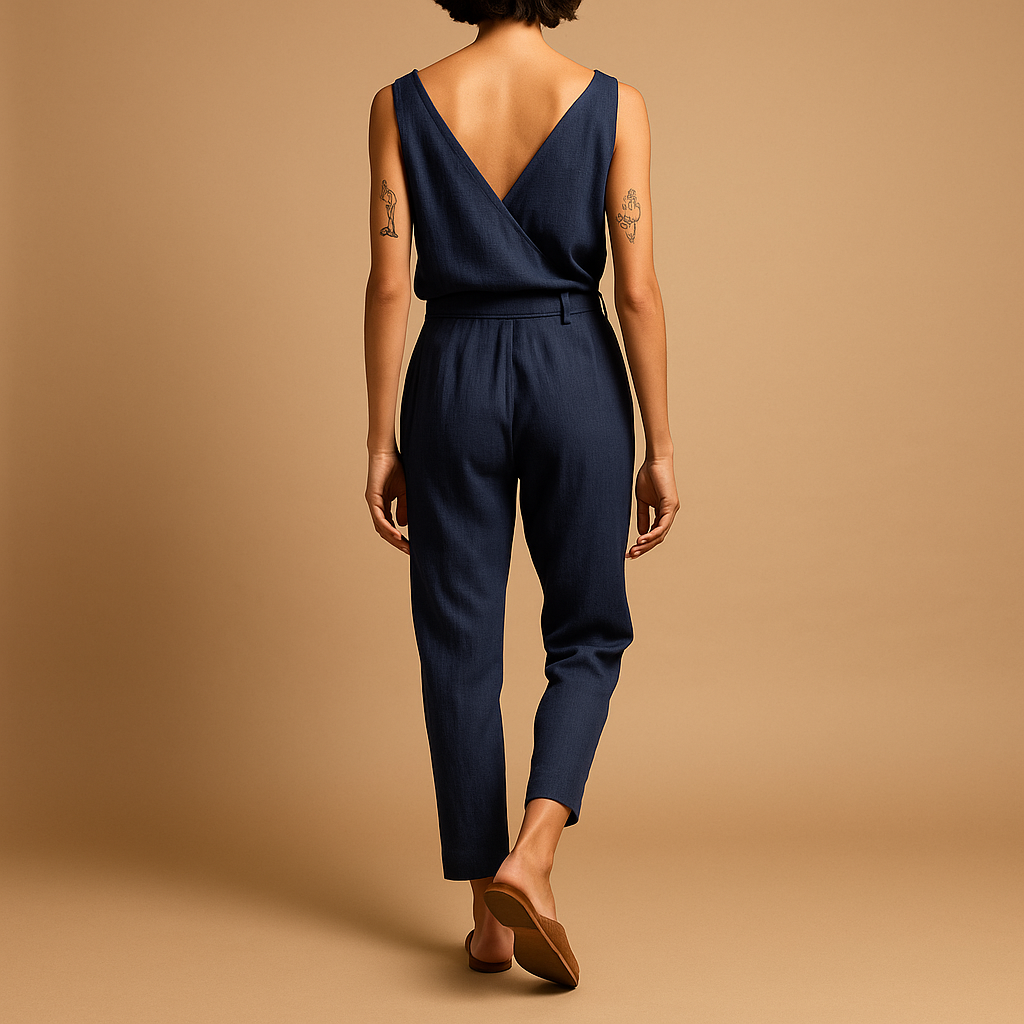 Luchtige dames jumpsuit met verstelbare tailleband en losse pasvorm, ideaal voor warme zomerdagen en casual elegantie.