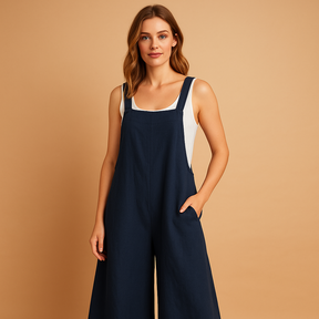 Luchtige dames jumpsuit van katoen en linnen met wijde pijpen in casual stijl, ideaal voor zomerse dagen en ontspannen momenten.