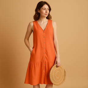 Dames zomerjurk met V-hals en luchtige pasvorm, ideaal voor warme dagen, stranduitjes en zomerse avonden