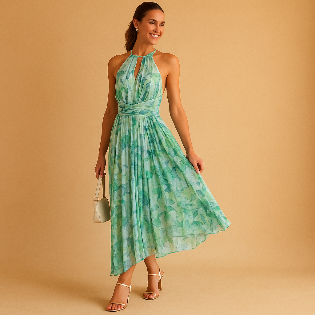 Dames maxi-jurk met bloemenprint, mouwloos design en hoge taille, ideaal voor zomerse dagen, feestjes en vakanties.