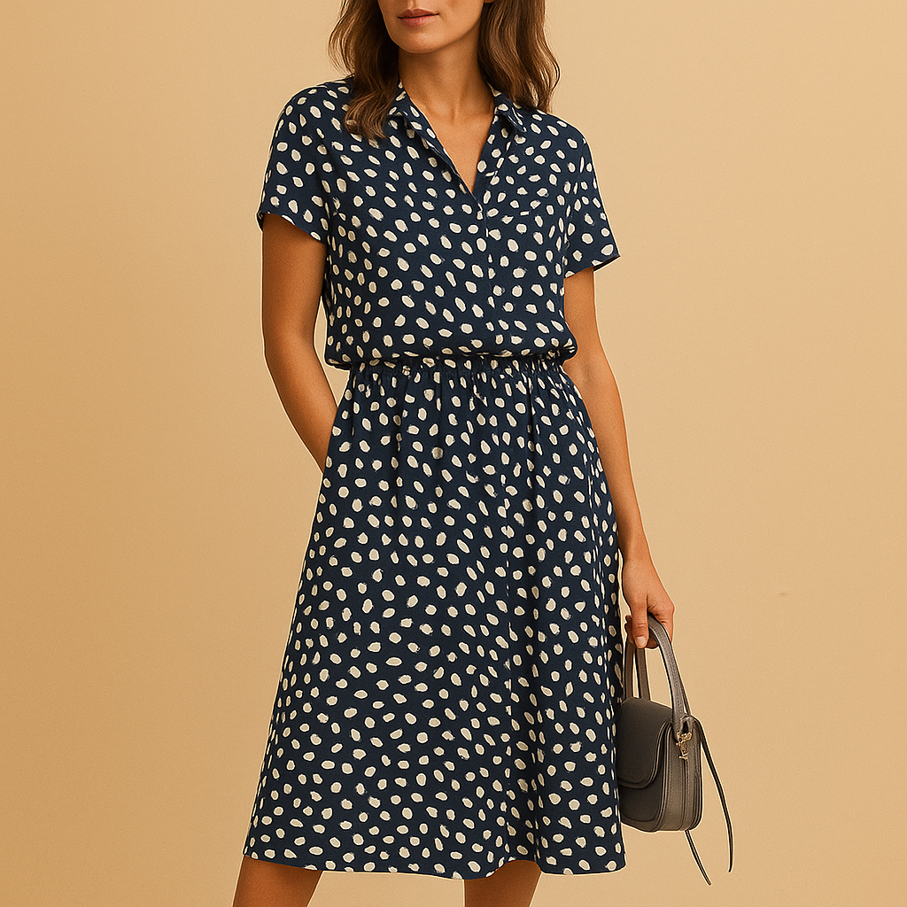 Dames midi A-lijn jurk met V-hals, knoopdetails en speelse print – ideaal voor zomerse en chique gelegenheden