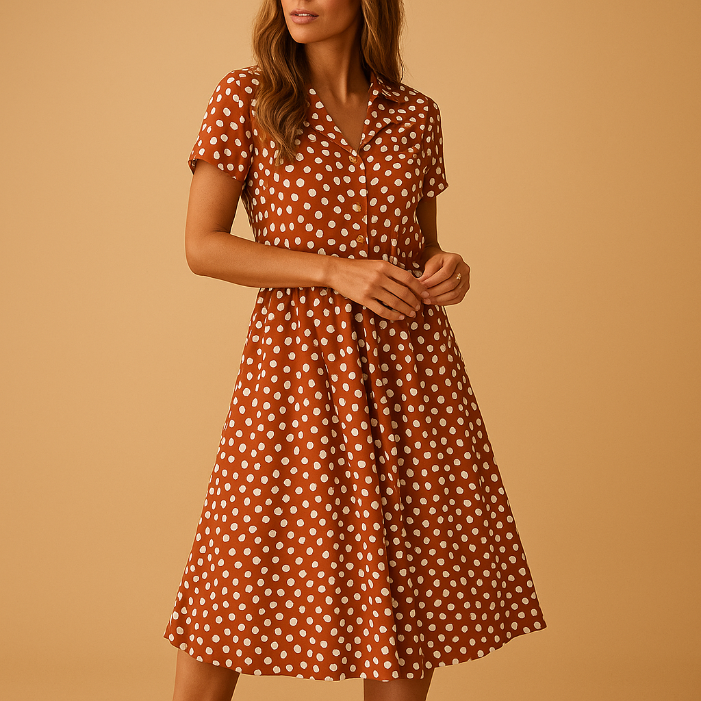 Dames midi A-lijn jurk met V-hals, knoopdetails en speelse print – ideaal voor zomerse en chique gelegenheden