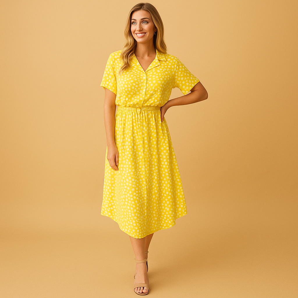 Dames midi A-lijn jurk met V-hals, knoopdetails en speelse print – ideaal voor zomerse en chique gelegenheden