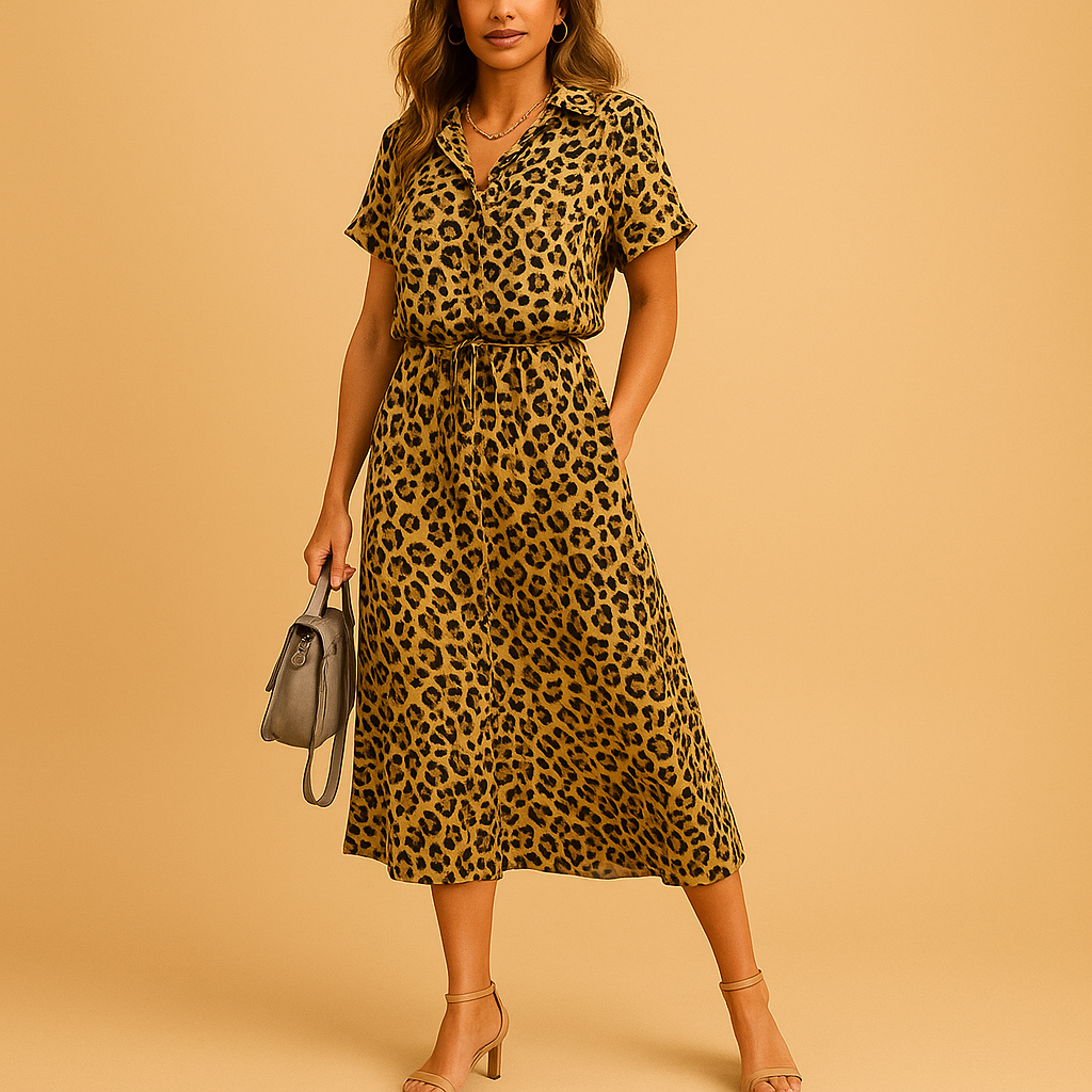 Dames midi A-lijn jurk met V-hals, knoopdetails en speelse print – ideaal voor zomerse en chique gelegenheden