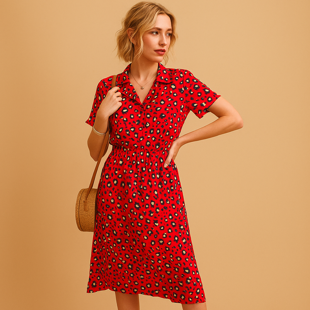 Dames midi A-lijn jurk met V-hals, knoopdetails en speelse print – ideaal voor zomerse en chique gelegenheden