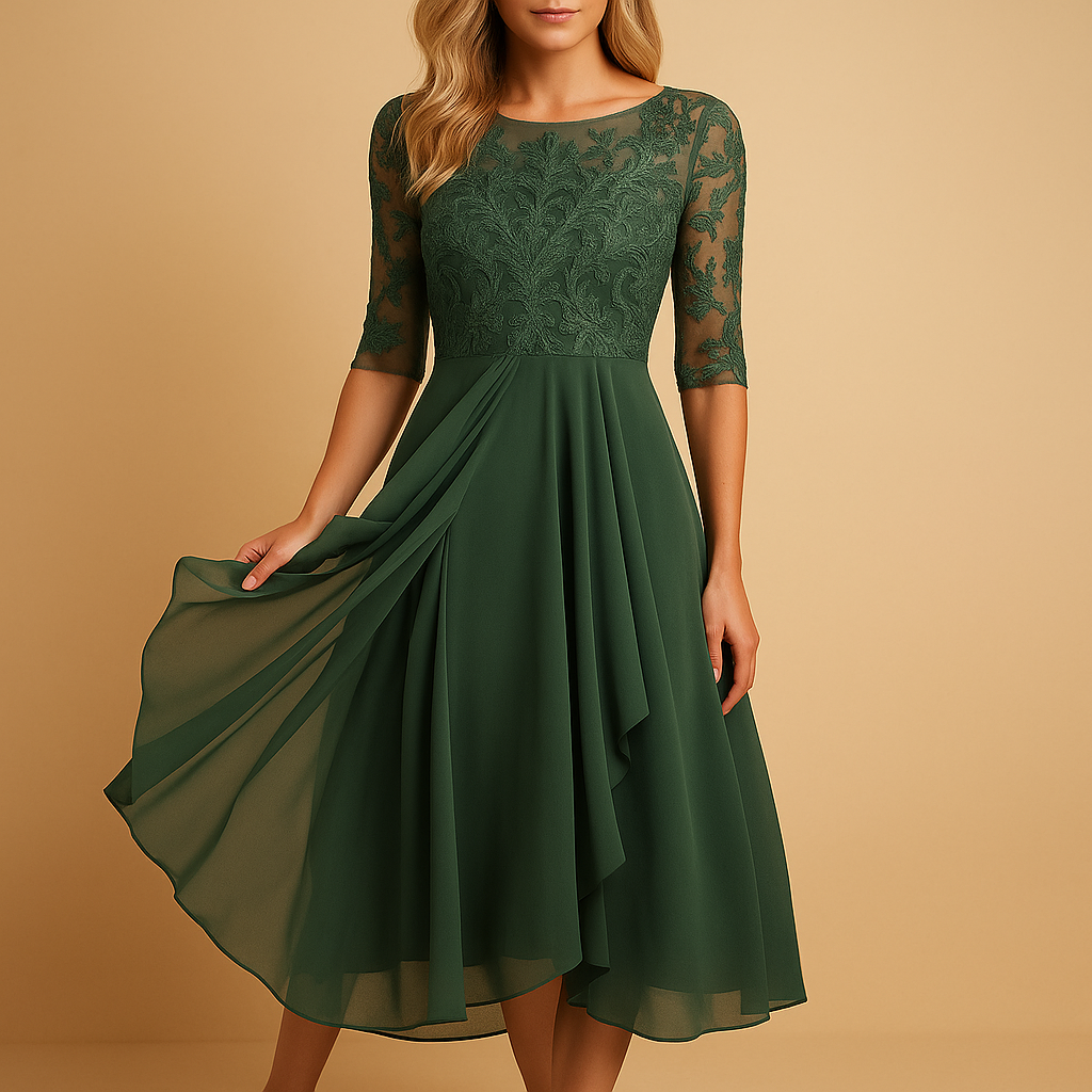 Midi-jurk voor dames met elegante kanten top, elbooglange mouwen en asymmetrische rok, ideaal voor feestelijke en stijlvolle gelegenheden.