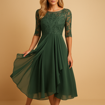 Midi-jurk voor dames met elegante kanten top, elbooglange mouwen en asymmetrische rok, ideaal voor feestelijke en stijlvolle gelegenheden.