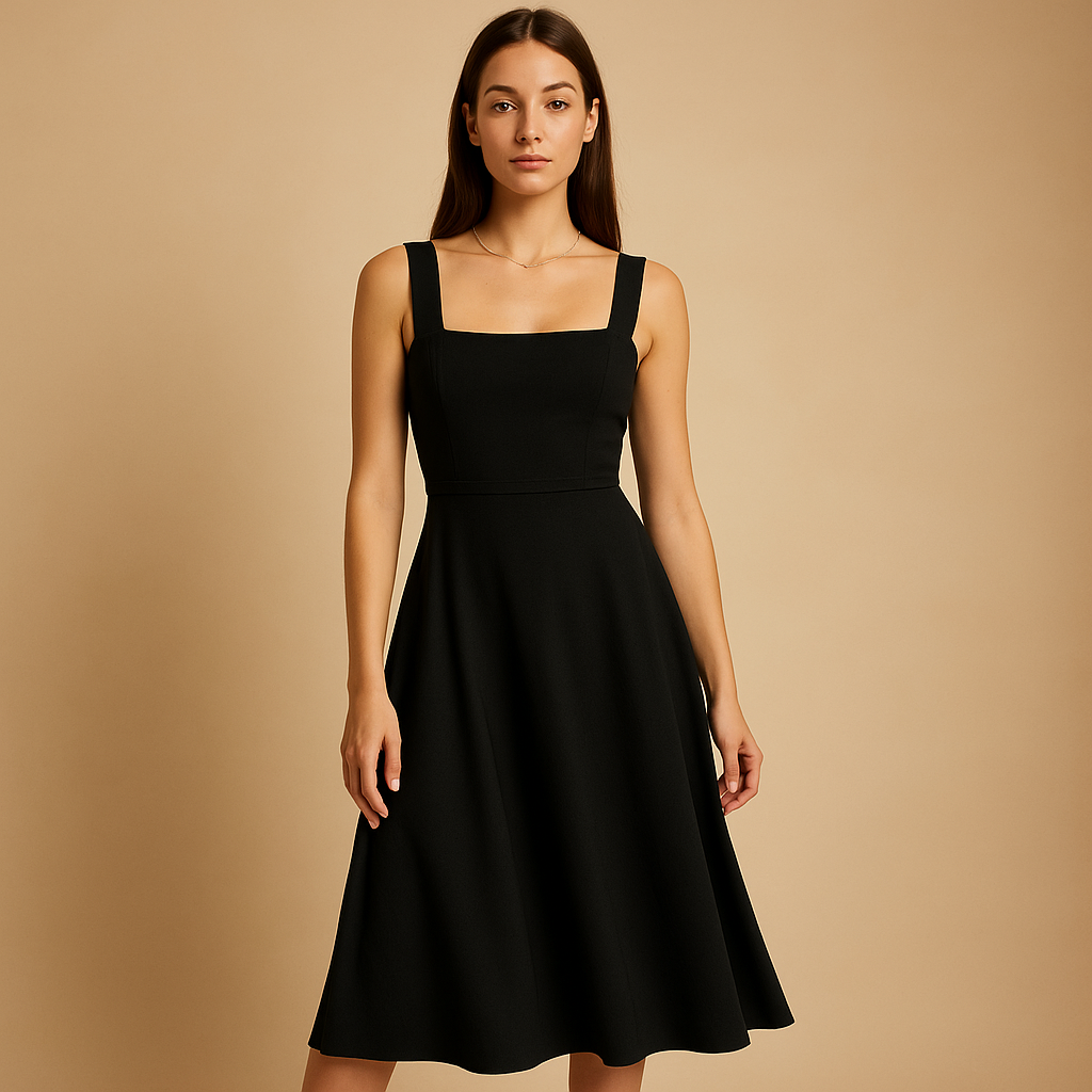 Dames midi-jurk met vierkante hals, brede bandjes en elastische tailleband, perfect voor zowel feestjes als casual momenten.