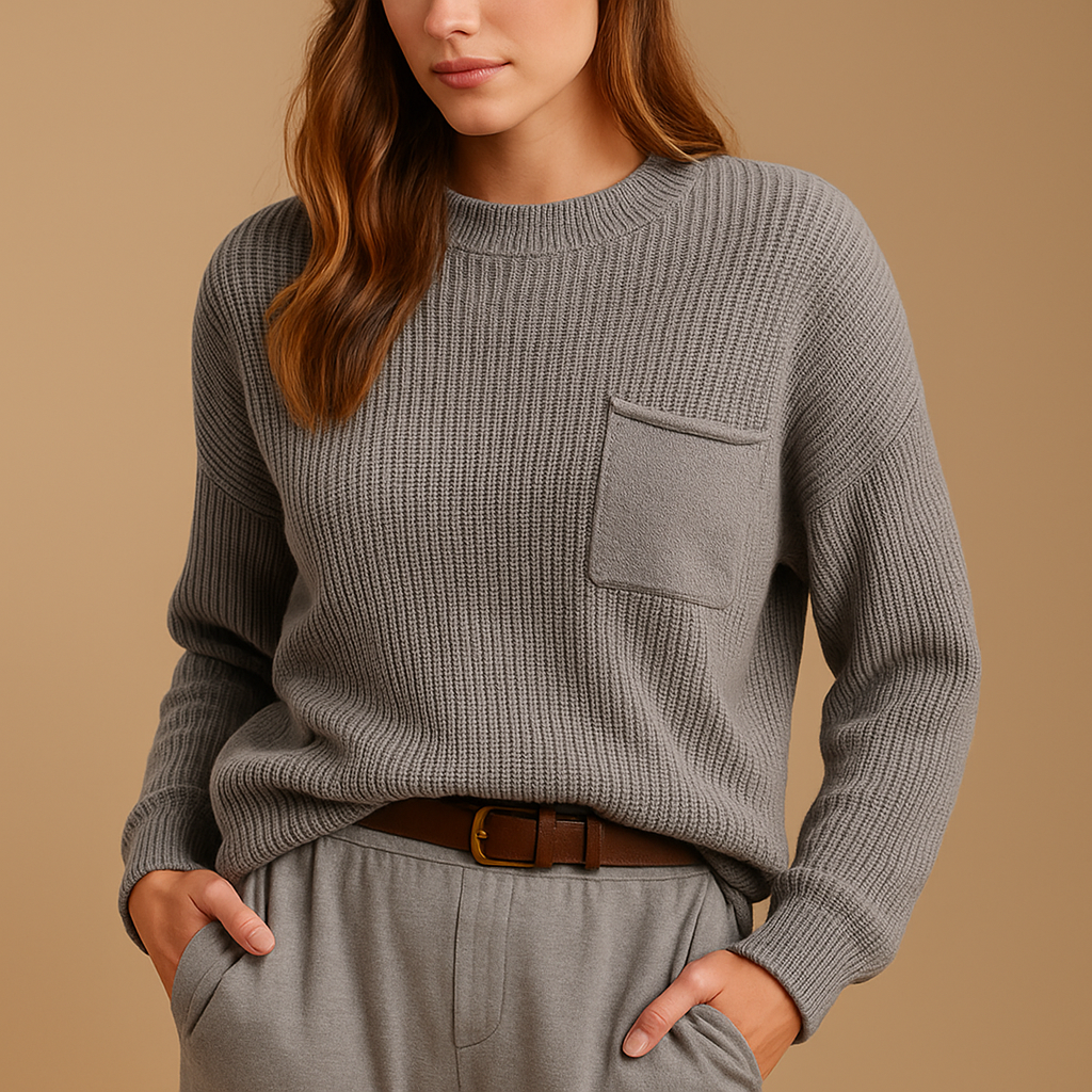 Minimalistische gebreide damestrui met relaxte pasvorm in neutrale kleuren, geschikt voor dagelijks gebruik en laagjes.