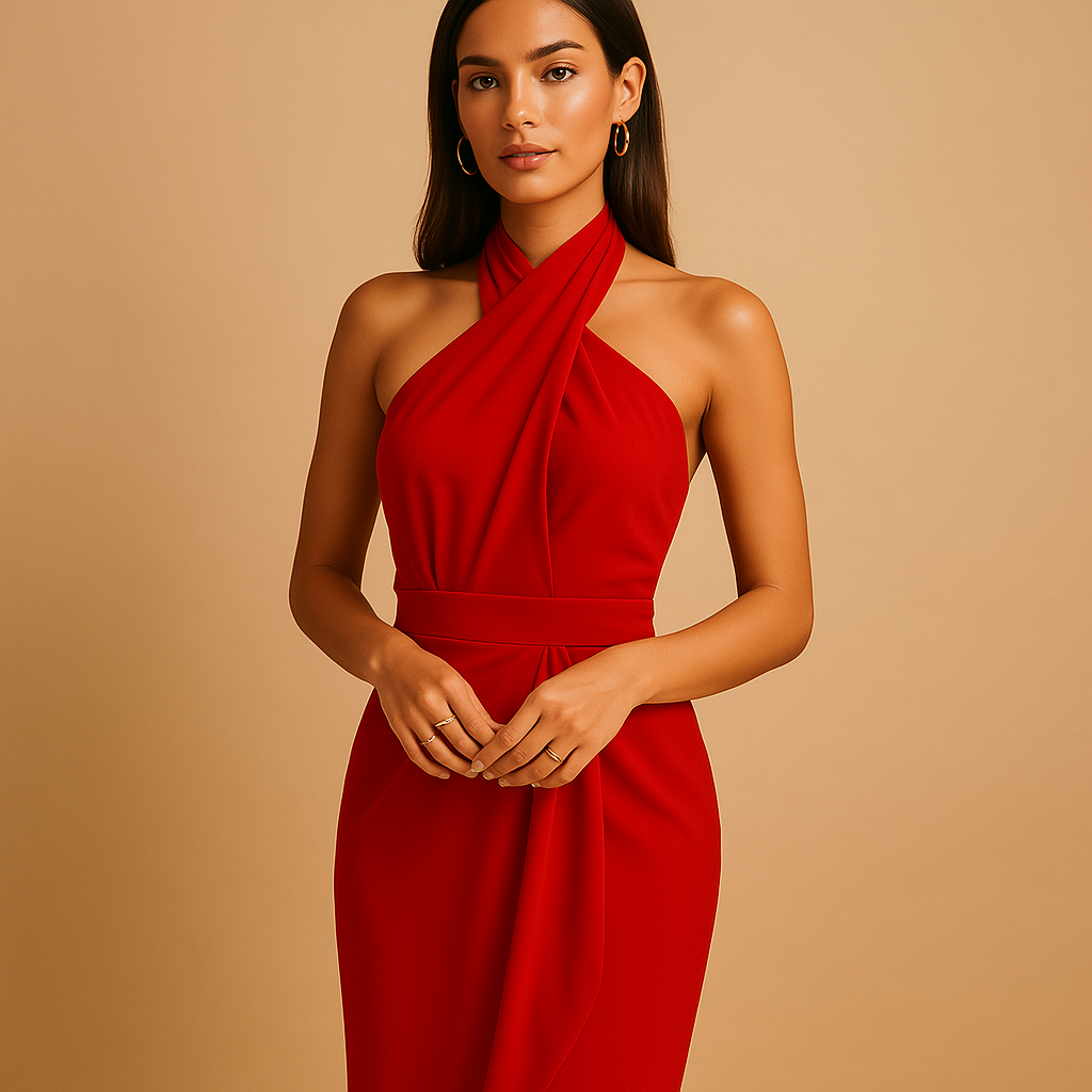 Elegante dames halterjurk met moderne twist en slanke pasvorm, perfect voor chique diners, feestjes of formele gelegenheden