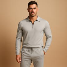 Moderne heren tracksuit met rits en tapered broek, perfect voor loungen of casual uitstapjes, in donkergrijs, blauw of zwart.