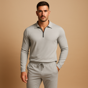 Moderne heren tracksuit met rits en tapered broek, perfect voor loungen of casual uitstapjes, in donkergrijs, blauw of zwart.