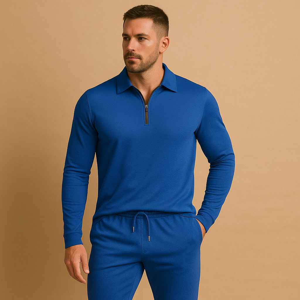 Moderne heren tracksuit met rits en tapered broek, perfect voor loungen of casual uitstapjes, in donkergrijs, blauw of zwart.