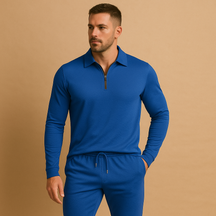 Moderne heren tracksuit met rits en tapered broek, perfect voor loungen of casual uitstapjes, in donkergrijs, blauw of zwart.