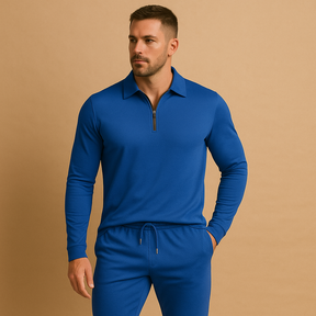 Moderne heren tracksuit met rits en tapered broek, perfect voor loungen of casual uitstapjes, in donkergrijs, blauw of zwart.