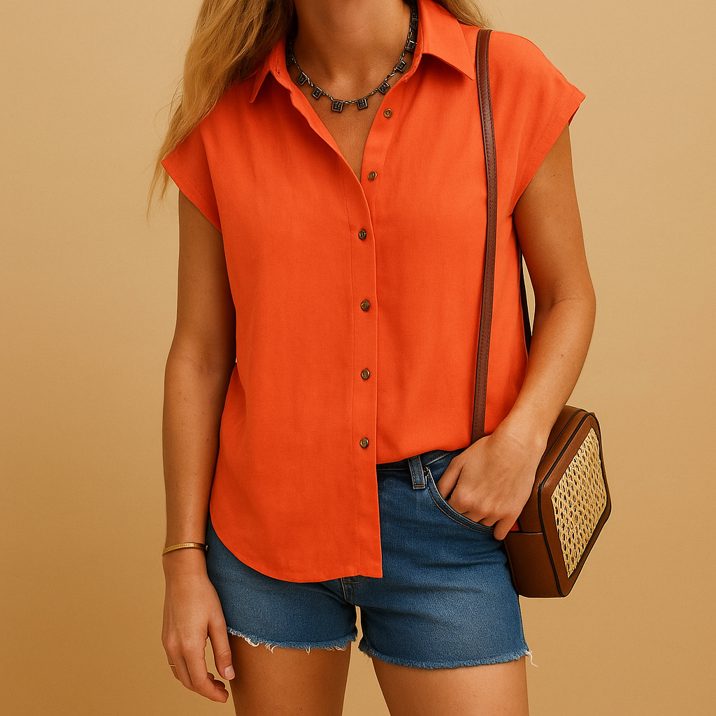 Mouwloos linnen overhemd voor dames in zomerse kleuren, ideaal voor warme dagen en casual outfits.