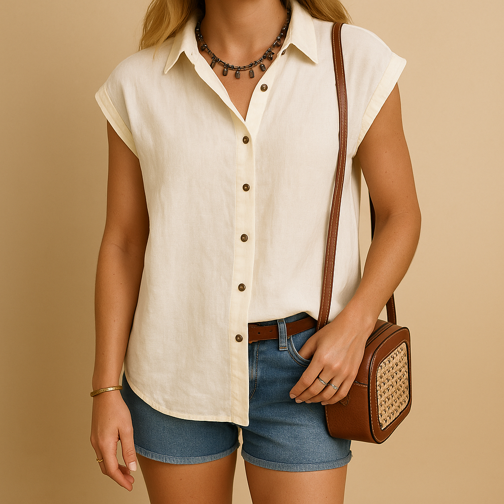Mouwloos linnen overhemd voor dames in zomerse kleuren, ideaal voor warme dagen en casual outfits.