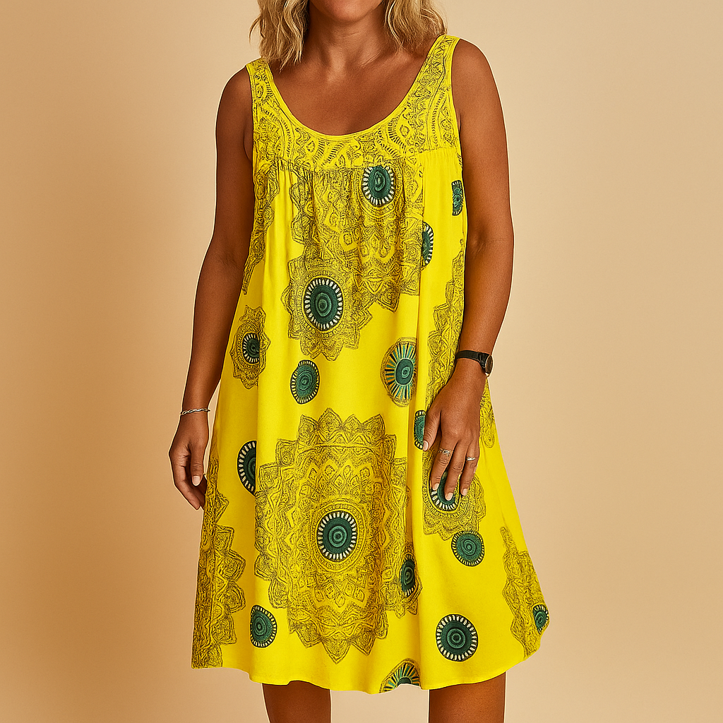 Zomerjurk voor dames zonder mouwen met kleurrijke print, perfect voor warme dagen, vakantie of casual gelegenheden.