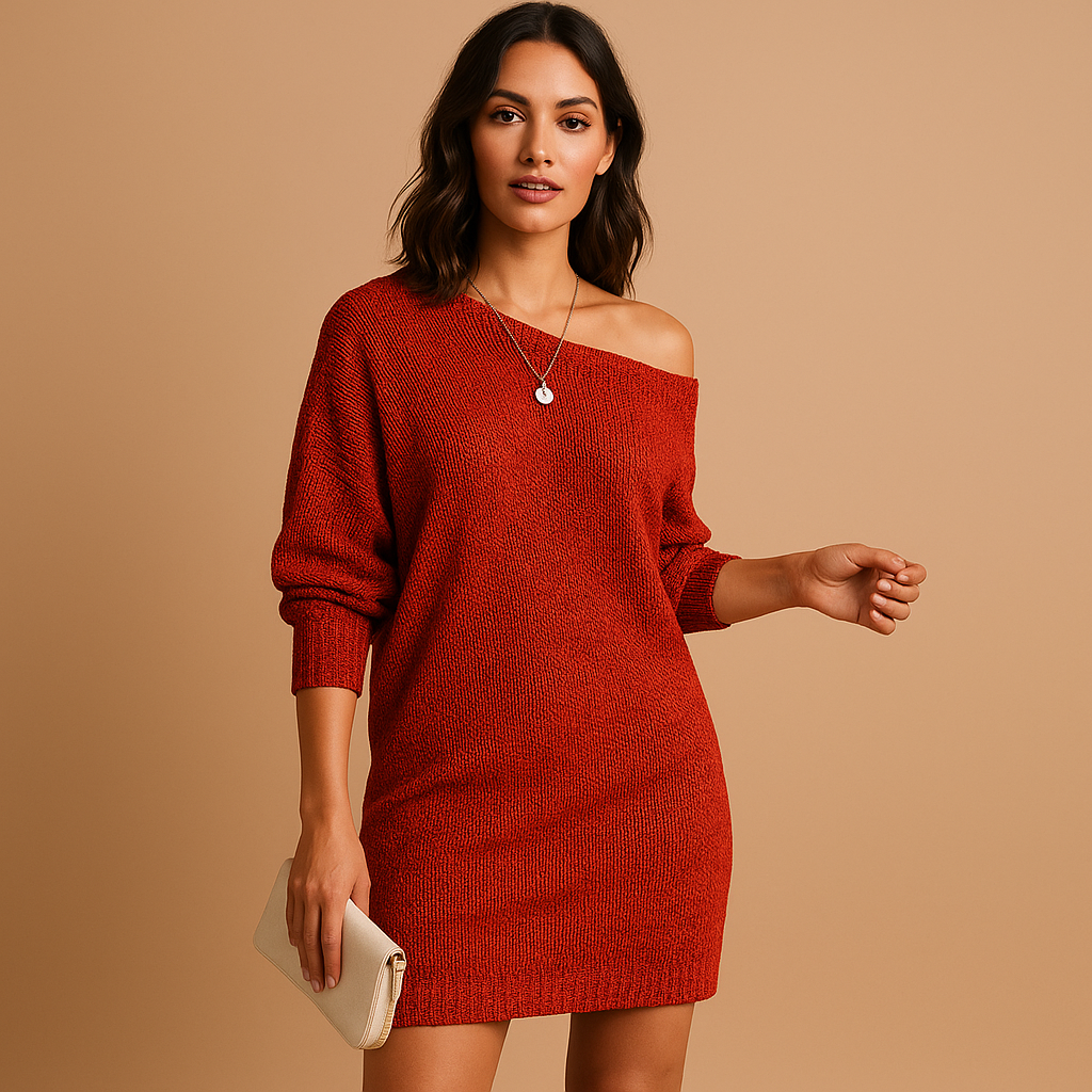 Off-shoulder damesjurk met flatterende pasvorm en luchtige stof, ideaal voor casual en formele gelegenheden.