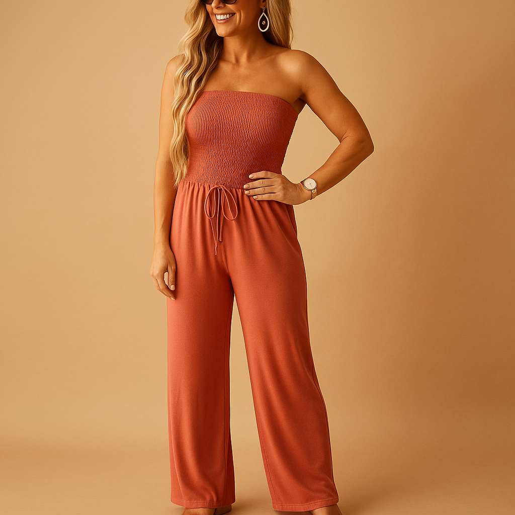 Zomerse off-shoulder jumpsuit voor dames in oranje met comfortabele pasvorm en handige zakken, perfect voor casual en semi-formele gelegenheden.