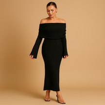 Elegante off-shoulder zomerjurk voor dames in khaki, zwart of wit, ideaal voor formele en informele zomerse gelegenheden.