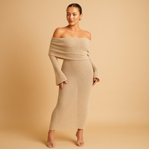 Elegante off-shoulder zomerjurk voor dames in khaki, zwart of wit, ideaal voor formele en informele zomerse gelegenheden.