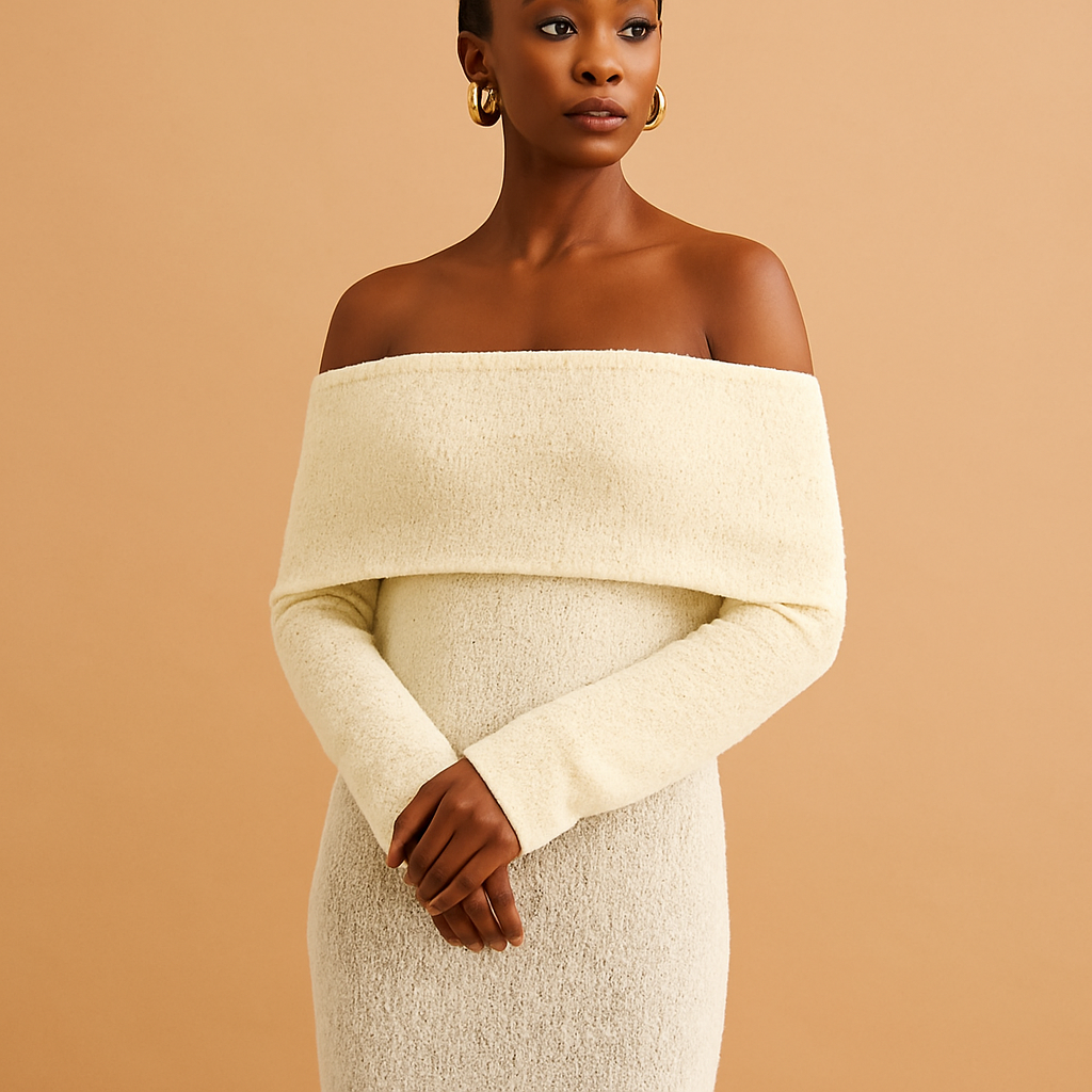 Elegante off-shoulder zomerjurk voor dames in khaki, zwart of wit, ideaal voor formele en informele zomerse gelegenheden.