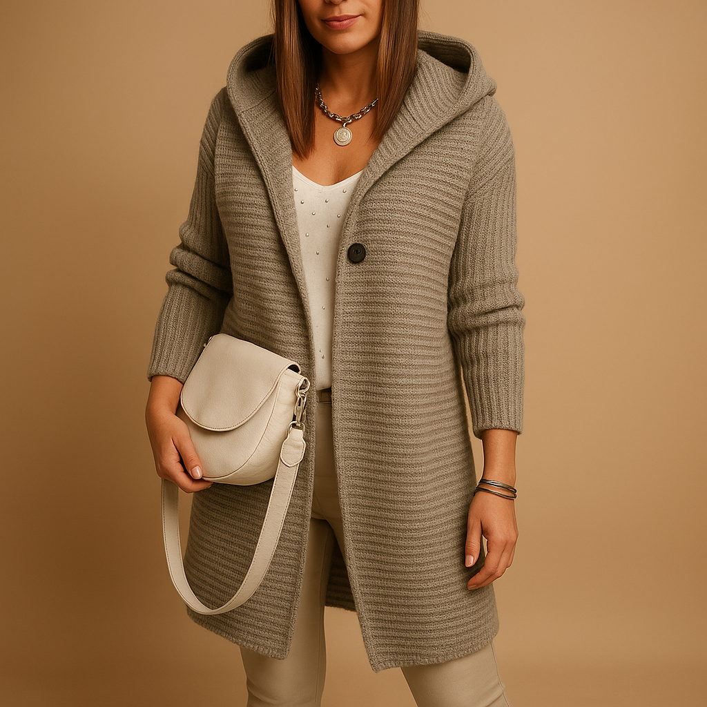 Open gebreid damesvest met lange voorkant in zachte stof, ideaal voor casual en elegante laagjes in herfst en winter.