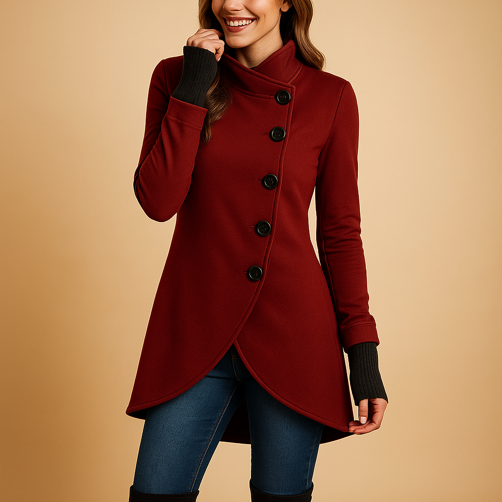 Oversized jas voor dames met asymmetrische knoopsluiting en grote decoratieve knopen. Warm en stijlvol, ideaal voor layering in de winter.
