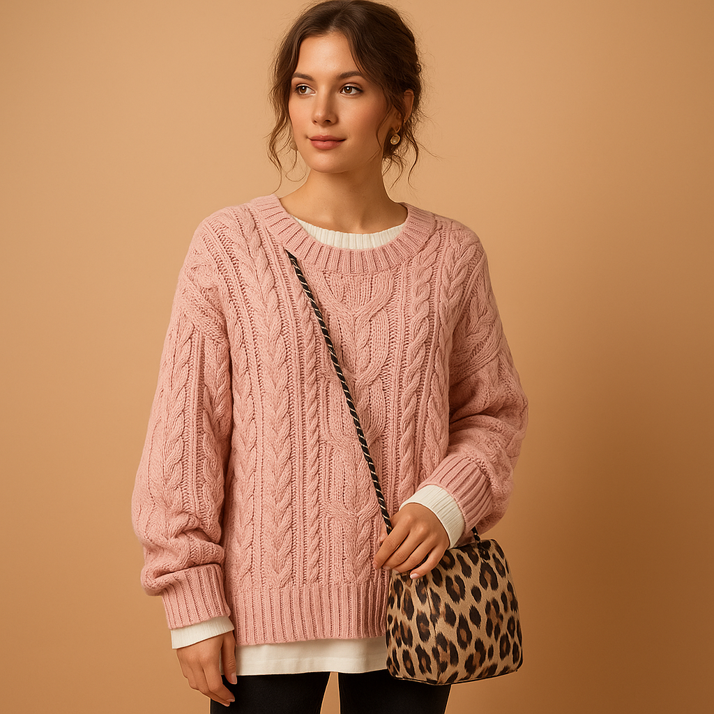 Oversized kabelgebreide damestrui met korte ronde hals, zacht en ademend, perfect voor laagjeslooks en casual winteroutfits.