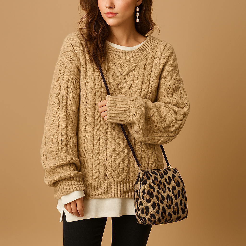 Oversized kabelgebreide damestrui met korte ronde hals, zacht en ademend, perfect voor laagjeslooks en casual winteroutfits.