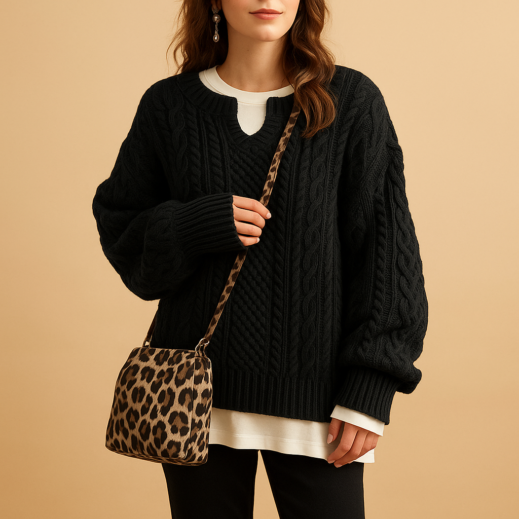 Oversized kabelgebreide damestrui met korte ronde hals, zacht en ademend, perfect voor laagjeslooks en casual winteroutfits.