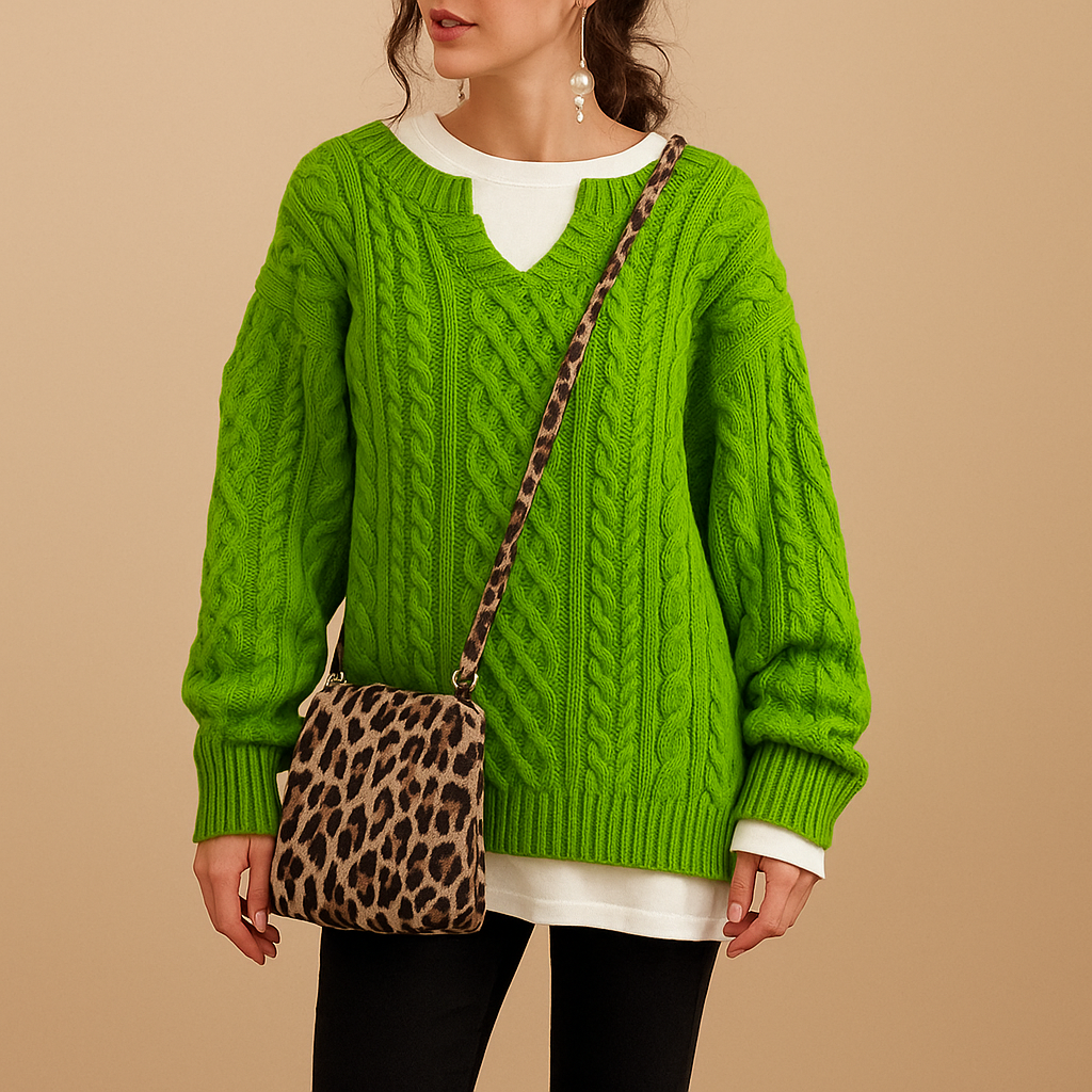 Oversized kabelgebreide damestrui met korte ronde hals, zacht en ademend, perfect voor laagjeslooks en casual winteroutfits.