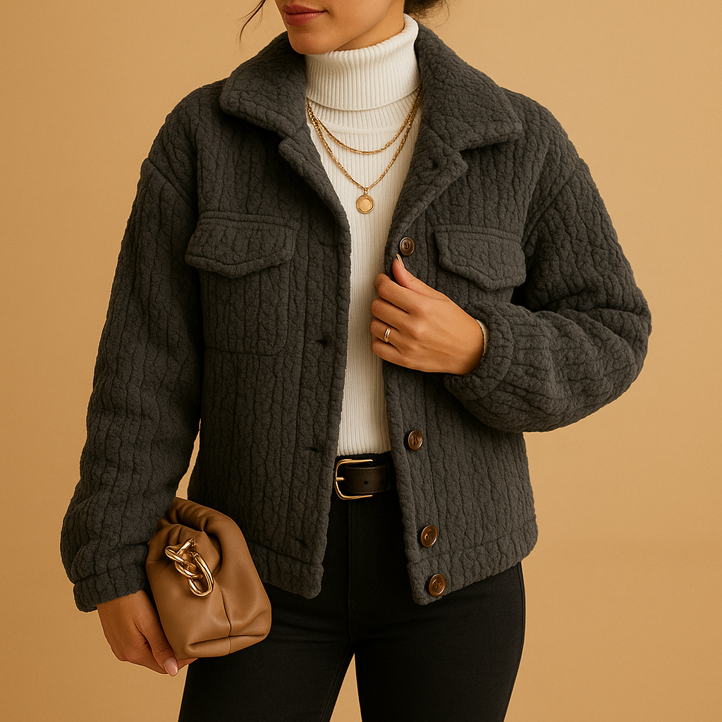 Oversized jas voor dames met parelknopen, boxy pasvorm en zachte stof. Ideaal voor seizoenslagen en minimalistische, trendy outfits.