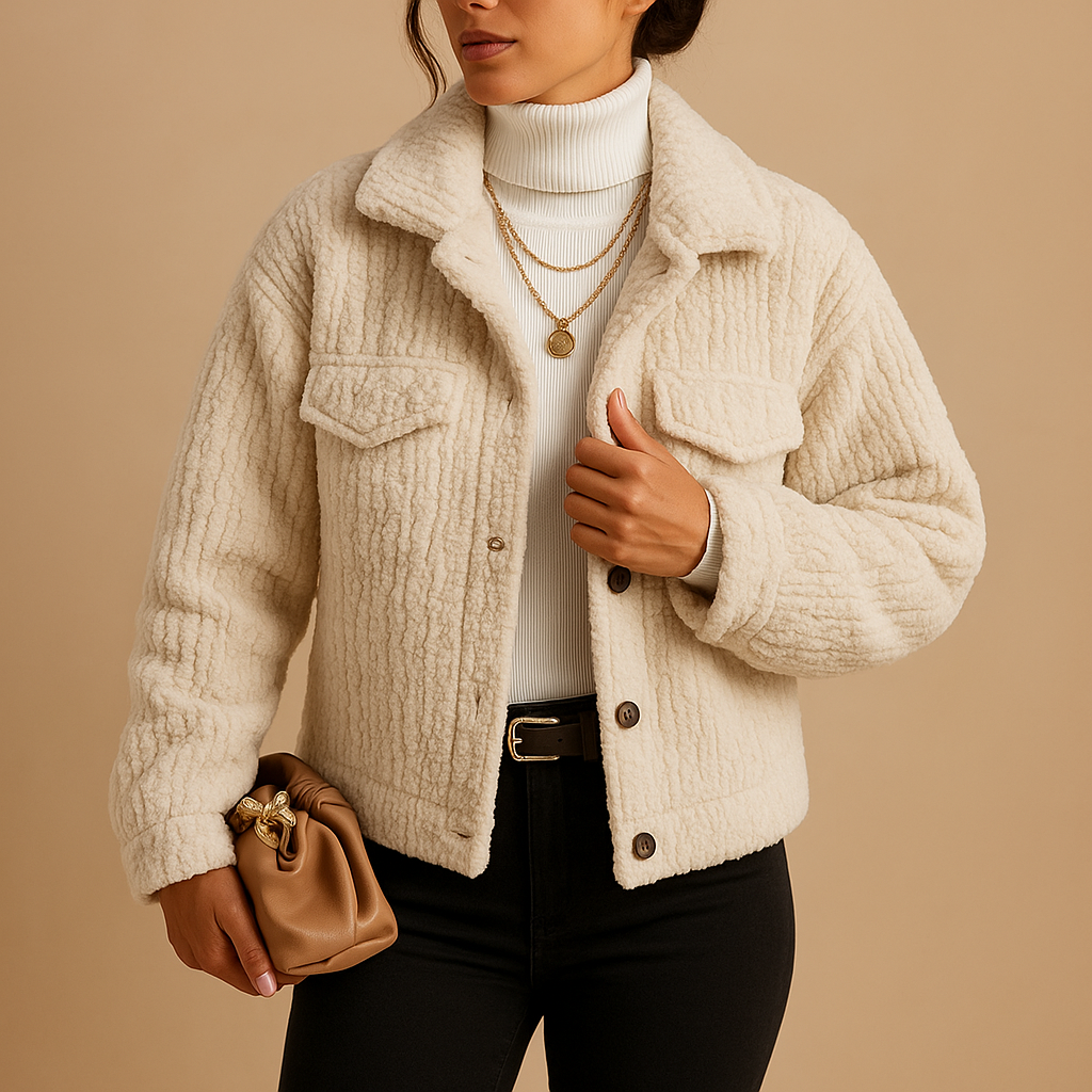 Oversized jas voor dames met parelknopen, boxy pasvorm en zachte stof. Ideaal voor seizoenslagen en minimalistische, trendy outfits.