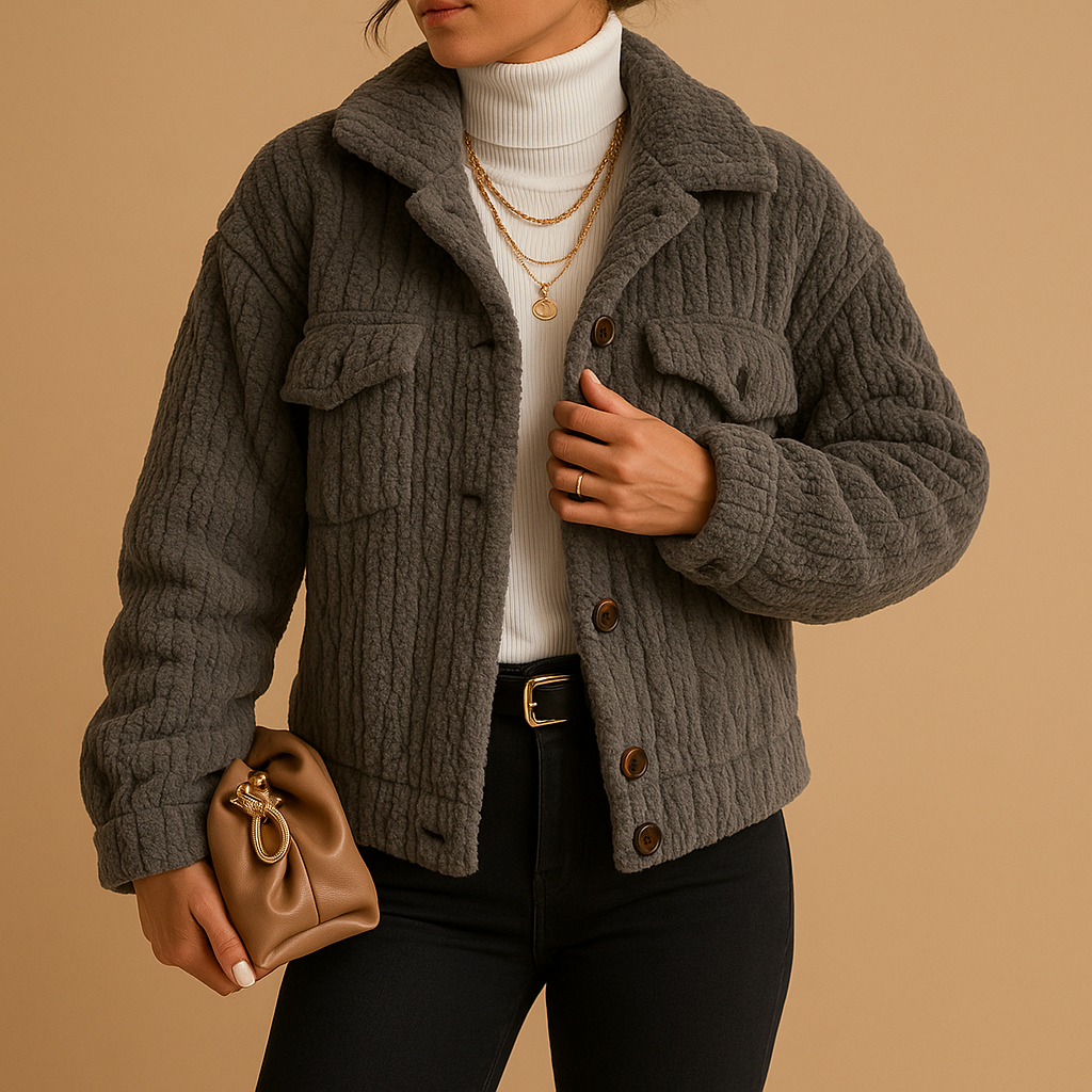 Oversized jas voor dames met parelknopen, boxy pasvorm en zachte stof. Ideaal voor seizoenslagen en minimalistische, trendy outfits.