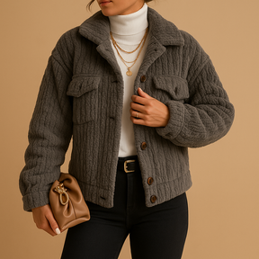Oversized jas voor dames met parelknopen, boxy pasvorm en zachte stof. Ideaal voor seizoenslagen en minimalistische, trendy outfits.