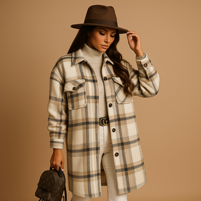 Lange geruite jas voor dames in wol-look met getailleerde pasvorm, zachte binnenkant en klassieke uitstraling. Perfect voor dagelijks en formeel gebruik.