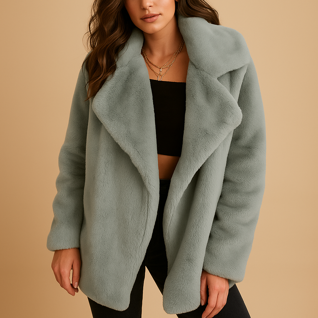 Pluche wintermantel voor dames met zachte stof, medium lengte en reverskraag. Ideaal voor dagelijks gebruik, werk en elegante winteravonden.