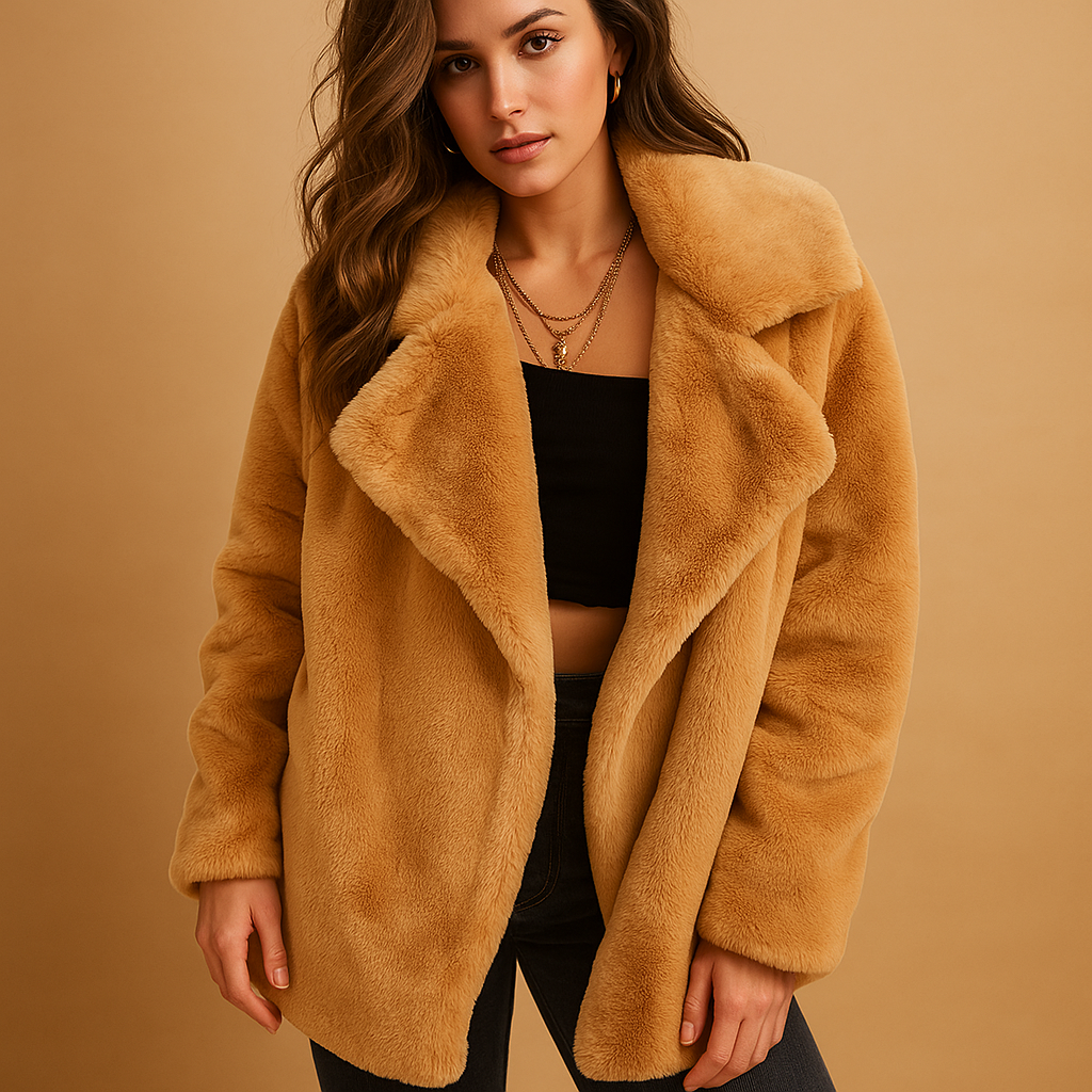 Pluche wintermantel voor dames met zachte stof, medium lengte en reverskraag. Ideaal voor dagelijks gebruik, werk en elegante winteravonden.