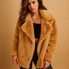Pluche wintermantel voor dames met zachte stof, medium lengte en reverskraag. Ideaal voor dagelijks gebruik, werk en elegante winteravonden.
