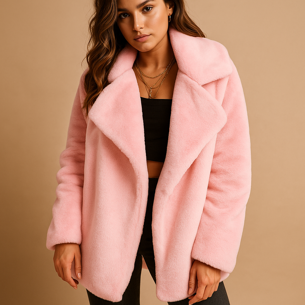 Pluche wintermantel voor dames met zachte stof, medium lengte en reverskraag. Ideaal voor dagelijks gebruik, werk en elegante winteravonden.
