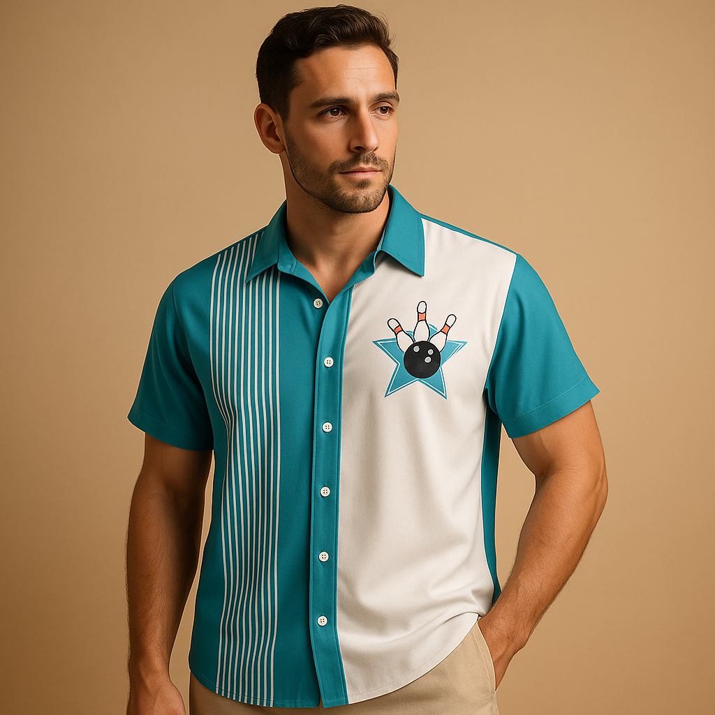 Heren poloshirt met bowlingprint in ademende stof, ideaal voor casual en sportieve outfits met een speelse twist.