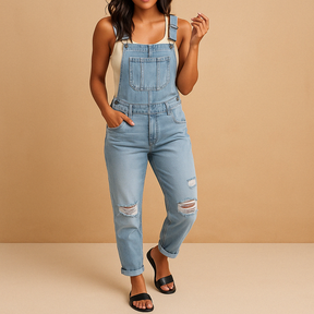 Dames denim overall met gescheurde details en verstelbare bandjes in grijs, lichtblauw en donkerblauw – ideaal voor streetwear of casual outfits