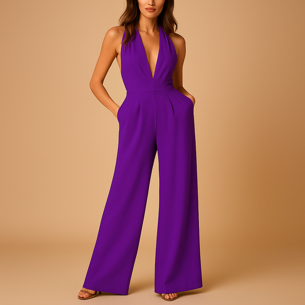 Elegante dames jumpsuit met diepe V-hals, rugloos ontwerp en wijde pijpen, ideaal voor avondjes uit en speciale gelegenheden.